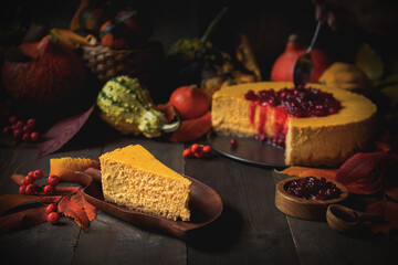 Dark mood autumn pumpkin & cranberry cheesecake