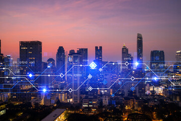 Plakat Glowing hologram of technological process, aerial panoramic cityscape of Bangkok at sunset. The largest innovative hub of tech services in Asia. Multi exposure.
