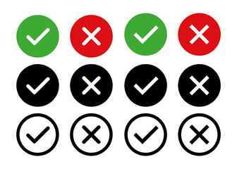 Check mark cross signs. Vector isolated elements. Check mark circle black icons signs vector. Vote symbol isolated vector tick elements