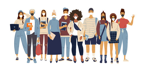 A crowd of standing people in medical masks. Male and female characters in modern clothes, flat design, cartoon style, students and teachers. Vector illustration