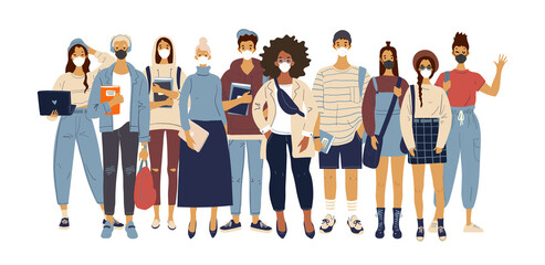 Fototapeta premium A crowd of standing people in medical masks. Male and female characters in modern clothes, flat design, cartoon style, students and teachers. Vector illustration