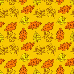 Seamless pattern with Oak, Linden and Tulip poplar autumn leaves. Vector illustration
