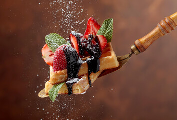Belgian waffles with strawberries, mint and chocolate sauce.