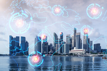 World planet Earth map hologram over panorama city view of Singapore, Asia. The concept of international connections and business. Multi Exposure.