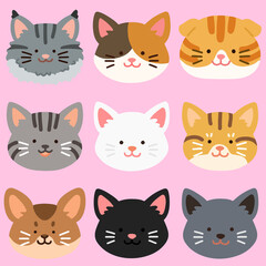 Flat colored adorable and simple cat heads set