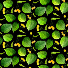 Watercolor Linden leaves and seeds seamless pattern on black background