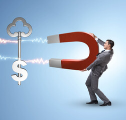Businessman catching dollar key with horseshoe magnet