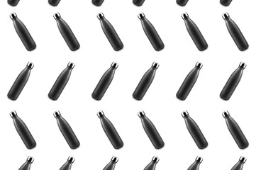 Photo pattern of black reusable thermo bottles isolated on white background.