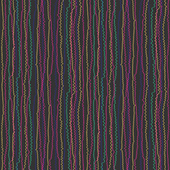 Seamless pattern with colored waves on dark background. Vector repeating texture. Hand-drawn vertical curved lines. Best for fabric, wallpaper