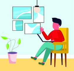 A man works remotely from home with a laptop. Concept of remote work, freelancer