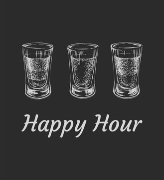 Three Kinds Of Alcoholic Drinks In Shot Glasses. Hand Drawn Vector Illustration.