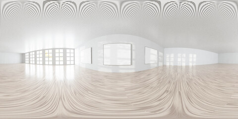 empty room with white walls art gallery wall with empty picture frames3d rendering illustration 360 equirectangular panorama