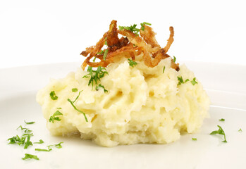 Mashed Potatoes with fried Onions on white Background - Isolated