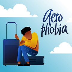 A vector image of a black man with suitcases having an aerophobia. A passenger being nervous and in a stress. A color image for a travel poster, flyer or article.