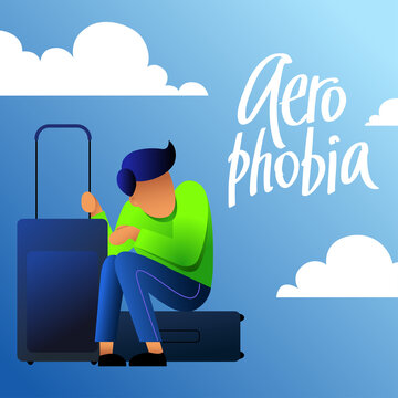 A vector image of a man with suitcases having an aerophobia. A passenger being nervous and in a stress. A color image for a travel poster, flyer or article.
