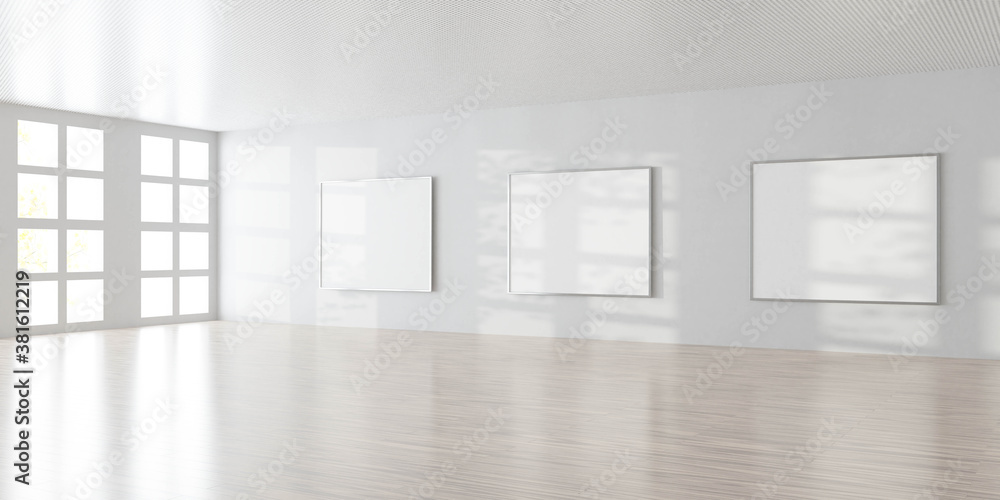 Poster art gallery wall with empty picture frames and copy space to add your content 3d rendering illustrat