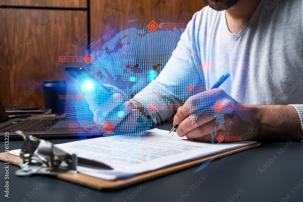 Poster double exposure of man signing contract with phone and world map network hologram. concept of intern