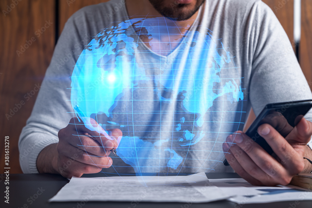 Poster double exposure of man signing contract with phone and world map network hologram. concept of intern