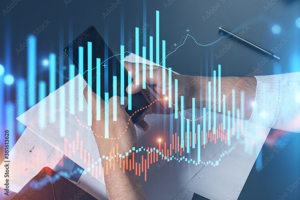 Poster man using phone. hands typing smartphone. double exposure with forex graph hologram. close up. finan