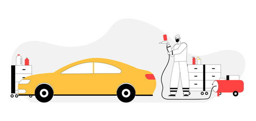 Naklejka premium Car airbrush painting service concept. Auto mechanic with paint spraying gu