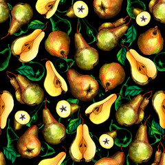 Seamless pattern with cute hand drawn whole and cut pear on a dark background. Graphic texture for package, card, wrapping paper, gift, fabric, print, banner, wallpaper, textile, advertising, web.
