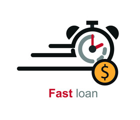 Fast loan, fast money, financial services, timely payment, stopwatch and money vector icon
