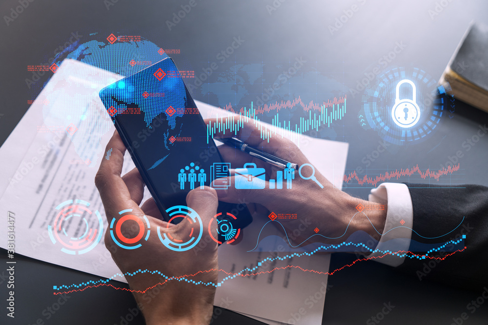 Poster businessman search and analyze using on-line app on phone. research and development hologram.