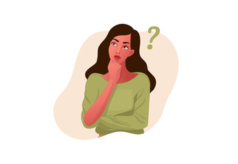 Thinking girl. Beautiful face, doubts, problems, thoughts, emotions. Curious woman questioning, question mark. Vector illustration