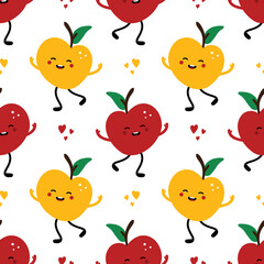 Couple of cute dancing smiling cartoon style apples characters and hearts vector seamless pattern background.
