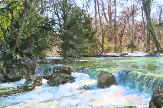 Painting of Eisbach river at English garden in Munich Germany