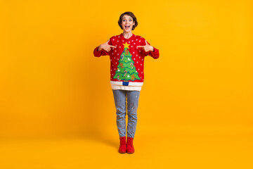 Full length photo of shocked crazy girl point finger christmas tree decor pullover x-mas gift granny present surprise theme party wear denim boots isolated bright shine color background