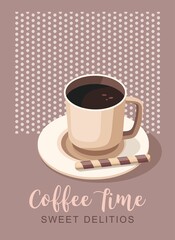 Black coffee in cup. Poster vector template for coffee shop or cafe.