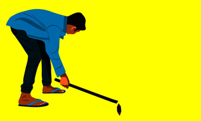 An indian village boy cartoon playing Gilli Danda alone on yellow background abstract art for sports activities concept.