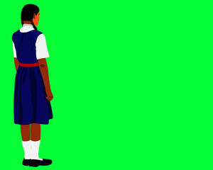 An indian government school girl cartoon standing alone on green background abstract art for educational concept.