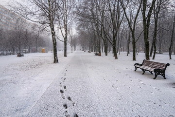Black footprints in the snow.  Snow storm, snowstorm in the city. The first snow on a dark path and footprints on it. Heavy snowfall in the Park, large snowflakes fall on the sidewalk.