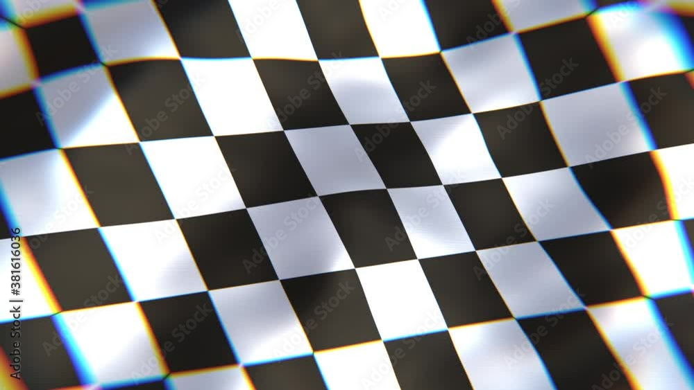 Poster realistic looping 3d animation of the vintage checkered race flag with lens distortion rendered in u