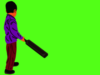 An indian boy cartoon holding cricket bat alone on green background abstract art for sport activity concept.