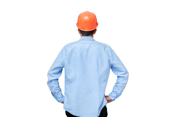 Builder man in helmet and look up, isolated background, copy space, rear view