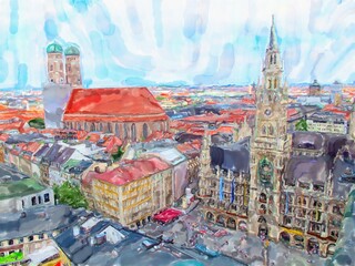 Fototapeta premium Watercolor illustration of Marienplatz in Munich cityscape. Aerial View.