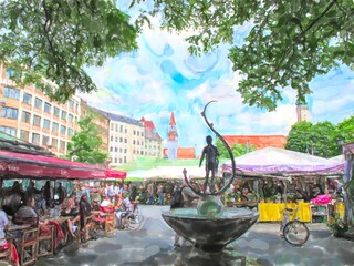 Naklejka premium Watercolor illustration of Munich Viktualienmarkt. People on market.