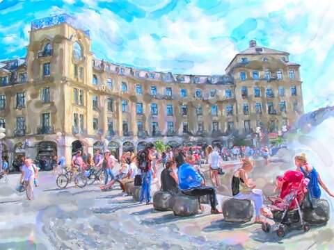 Watercolor illustration of Stachus place with fountain in Munich.