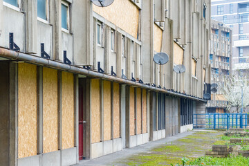 Boarded up and empty council flat housing block, Robin Hood Gardens, before demolition 