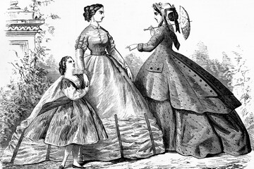 Spanish fashion. Circa 1860. Antique illustration. 1865.