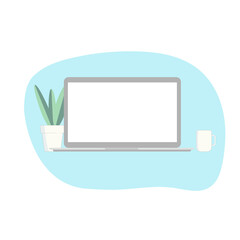 Open laptop with white blank screen potted houseplant cup of coffee on desk on blue background. Freelance distant job online education homeschooling concept