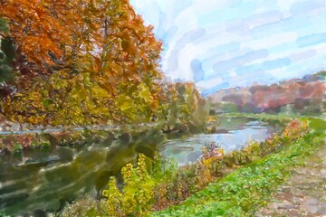 Watercolor illustration of Isar river nature in autumn time. Germany