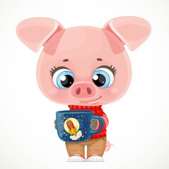 Cute cartoon baby piglet with a cup of tea or coffee on a white background