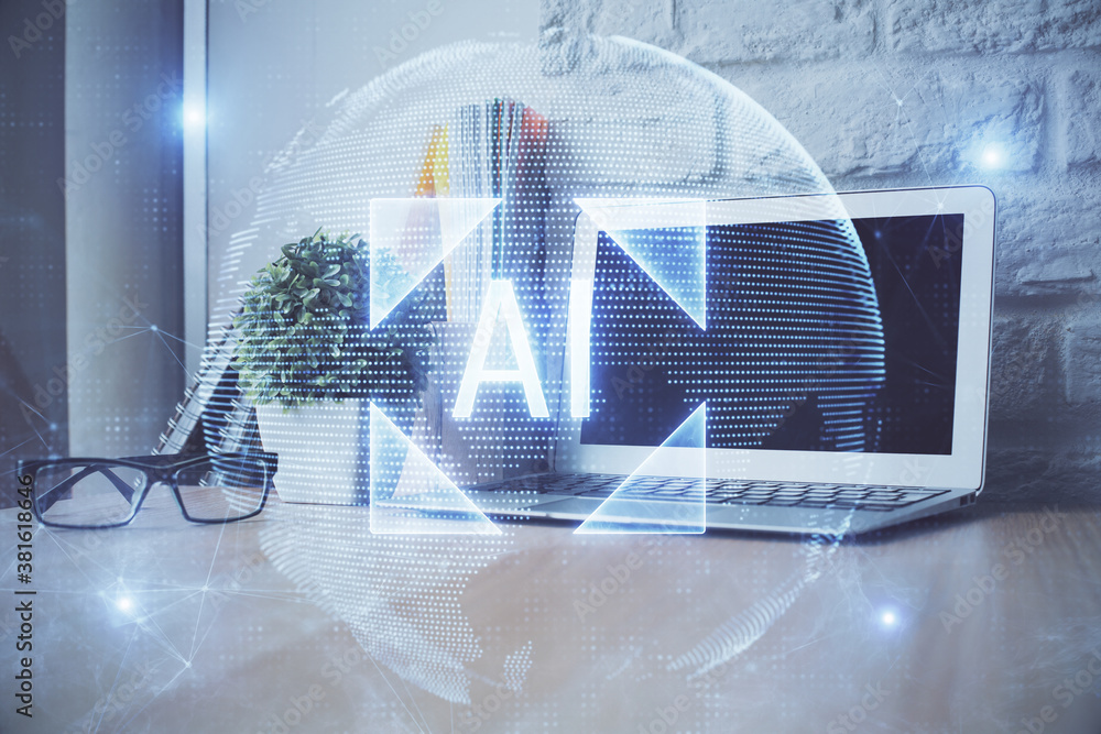 Aufkleber Double exposure of desktop computer and technology theme hologram. Concept of software development.