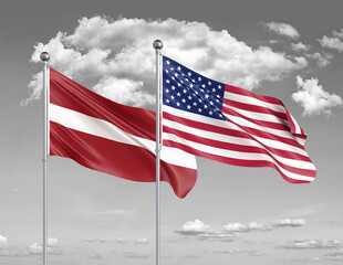 Two realistic flags. United States of America vs Latvia. Thick colored silky flags of America and Latvia. 3D illustration on sky background. - Illustration