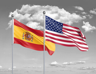 Two realistic flags. United States of America vs Spain. Thick colored silky flags of America and Spain. 3D illustration on sky background. - Illustration