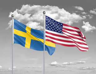 Two realistic flags. United States of America vs Sweden. Thick colored silky flags of America and Sweden. 3D illustration on sky background. - Illustration
